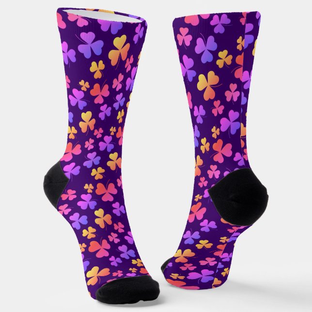 Shamrock Clover Leaf Purple Yellow Orange Elegant Socks (Angled)