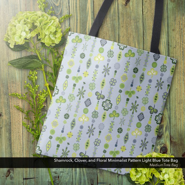 Shamrock Clover Minimal Modern Pattern Blue Tote Bag (Shamrock, Clover, and Floral Minimalist Pattern Light Blue Tote Bag - Medium Size)