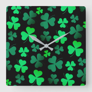 Shamrock Clover Modern Trendy Black and Green Square Wall Clock