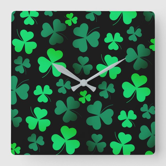 Shamrock Clover Modern Trendy Black and Green Square Wall Clock (Front)
