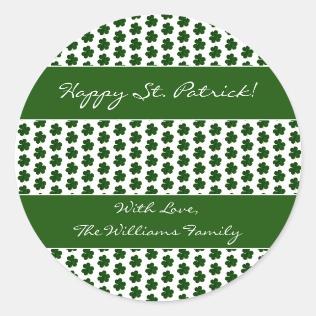 Shamrock Clover Pattern Custom Text St. Patrick Classic Round Sticker (Front)