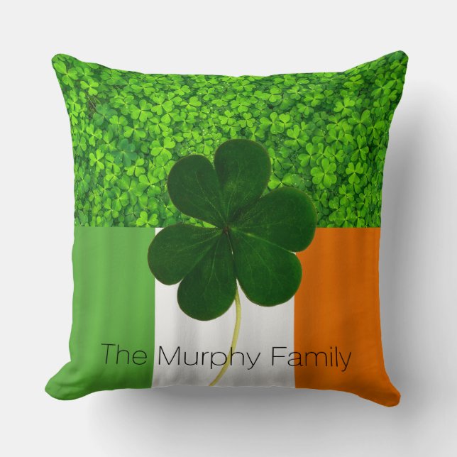 Shamrock Clovers Green Irish Flag Ireland Name Throw Pillow (Front)