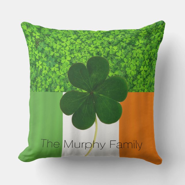 Shamrock Clovers Green Irish Flag Ireland Name Throw Pillow (Front)