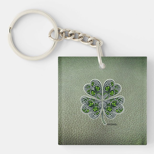 Shamrock Colover  St.Patrick`s Day Green Leather  Keychain (Front)