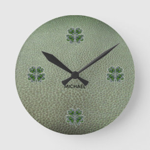 Shamrock Colover  St.Patrick`s Day Green Leather  Round Clock