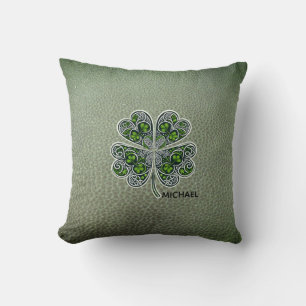 Shamrock Colover  St.Patrick`s Day Green Leather  Throw Pillow