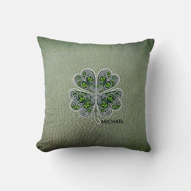 Shamrock Colover  St.Patrick`s Day Green Leather  Throw Pillow (Front)