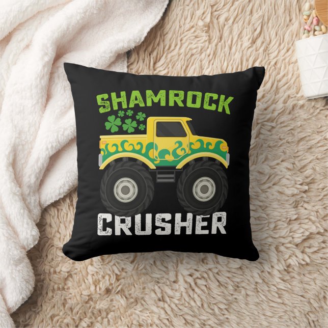 Shamrock Crusher Monster Truck St Patrick's Day Throw Pillow (Blanket)