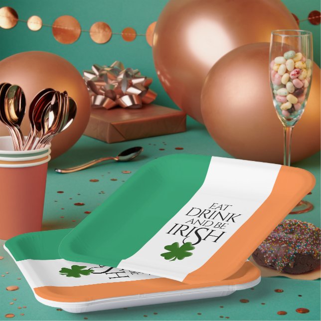 Shamrock Eat Drink and Be Irish Flag Paper Plate (Multi)