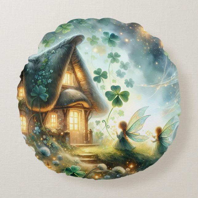 Shamrock Fairy Cottage Glow Round Pillow (Front)