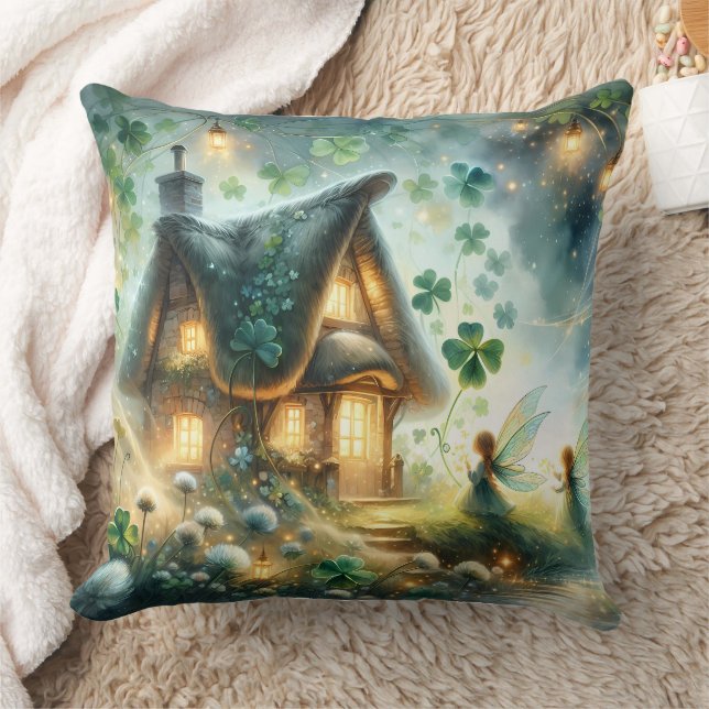 Shamrock Fairy Cottage Glow Throw Pillow (Blanket)