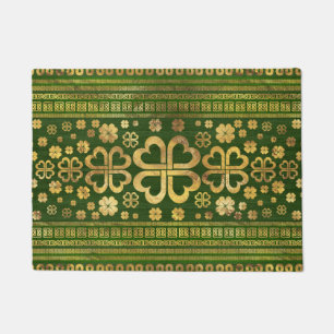 Shamrock Four-leaf Clover Green Wood and Gold Doormat