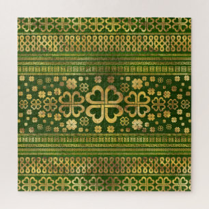 Shamrock Four-leaf Clover Green Wood and Gold Jigsaw Puzzle