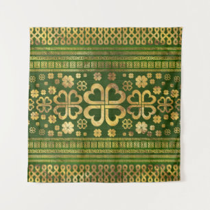 Shamrock Four-leaf Clover Green Wood and Gold Tapestry