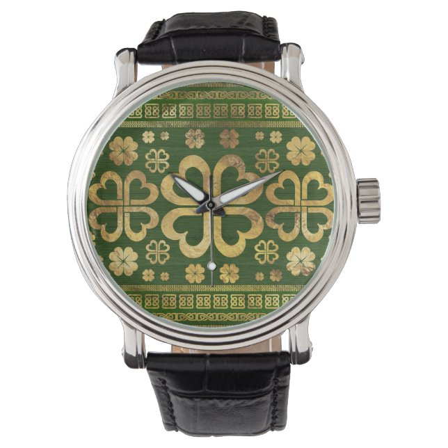 Shamrock Four-leaf Clover Green Wood and Gold Watch (Front)