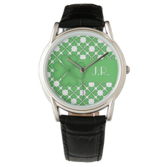Shamrock Four leaf Clover Hearts pattern Customiza Watch (Front)