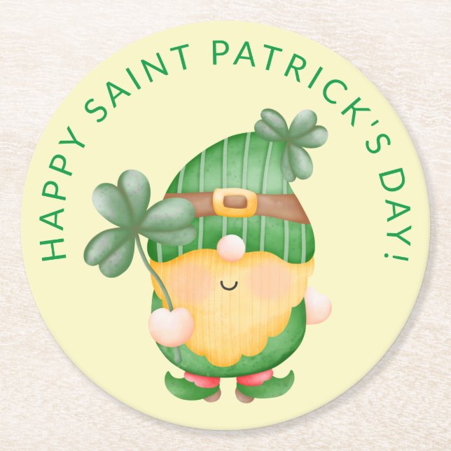 Shamrock Gnome Happy Saint Patrick's Day Round Paper Coaster (Front)