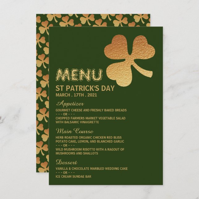 Shamrock Gold Foil, carte de menu St Patrick's Day (Devant / Derrière)