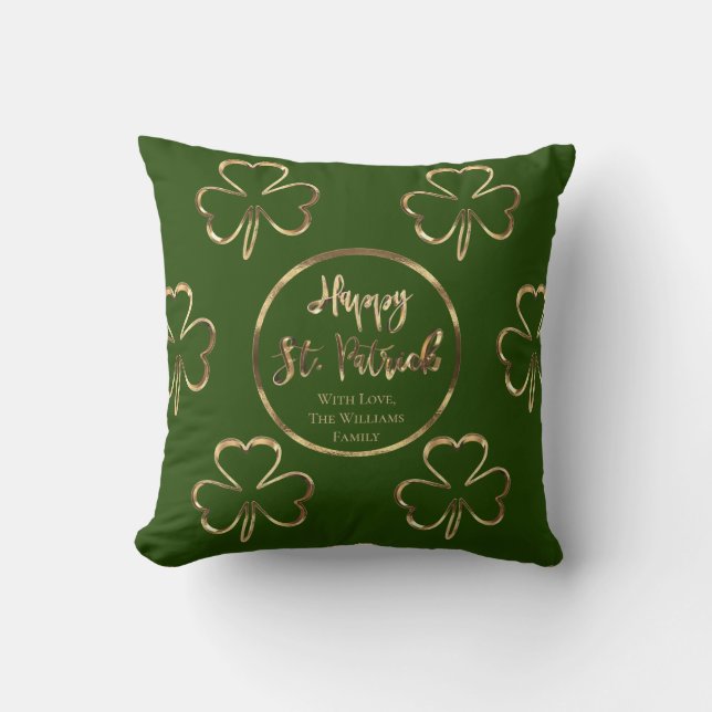 Shamrock Green and Gold Irish St. Patrick Throw Pillow (Front)