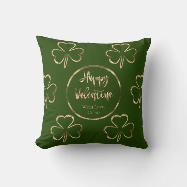Shamrock Green and Gold Irish Valentine's Day Throw Pillow (Front)