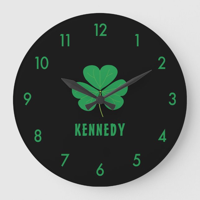 Shamrock Green Clover Ireland Celtic Irish Name Large Clock (Front)