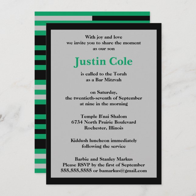Shamrock Green Silver Stripes on Black Bar Mitzvah Invitation (Front/Back)