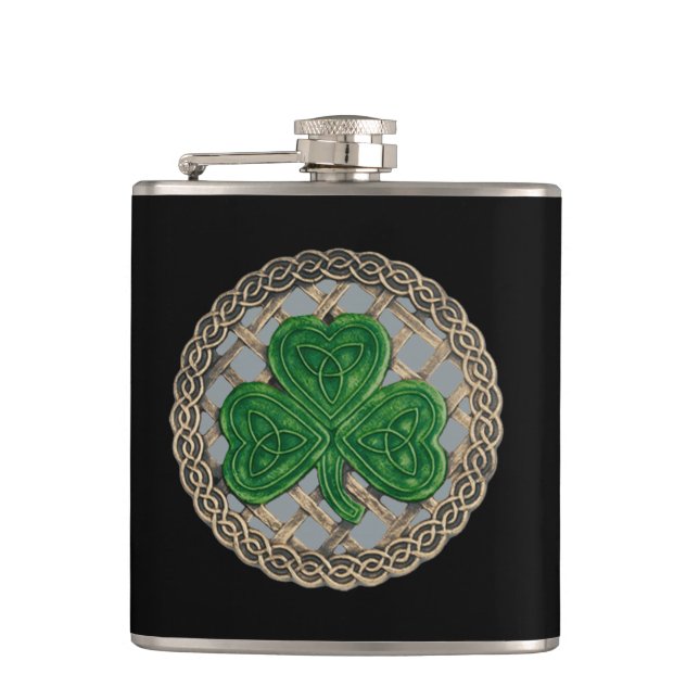 Shamrock Gris sur flacon à noeuds celtiques (Devant)