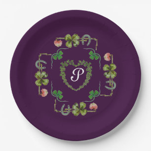 SHAMROCK HEART,FLOWER,GREEN FLORAL MONOGRAM Purple Paper Plate