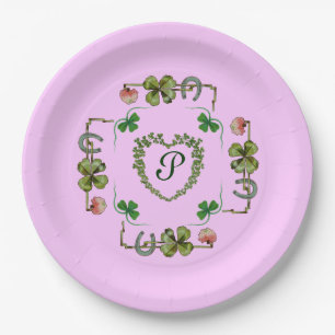 SHAMROCK HEART,FLOWERS,GREEN FLORAL MONOGRAM Pink Paper Plate