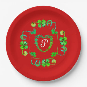 SHAMROCK HEART,FLOWERS,GREEN FLORAL MONOGRAM Red P Paper Plate