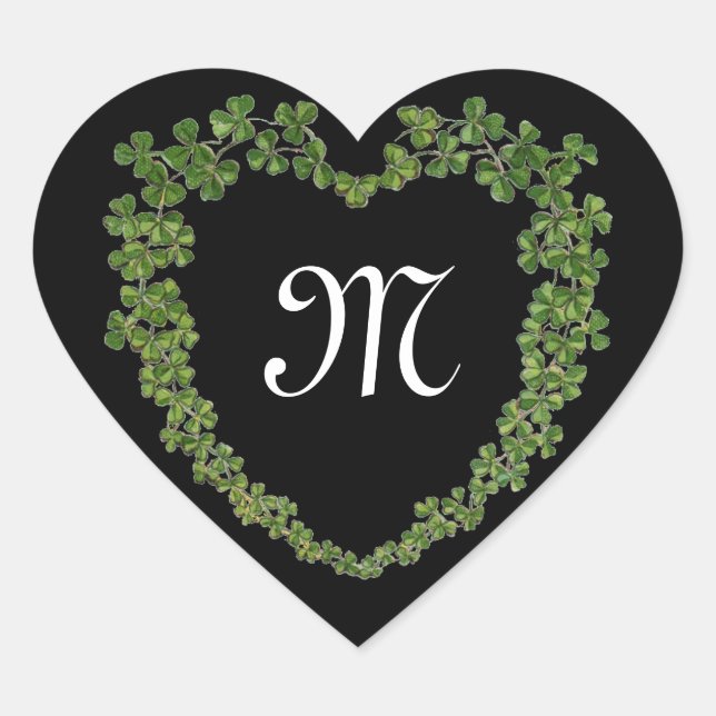 SHAMROCK HEART MONOGRAM St Patrick's Day Black Heart Sticker (Front)