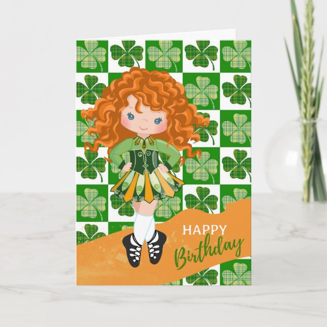 Shamrock Irish Dance Redhead Girl Birthday Card (Front)
