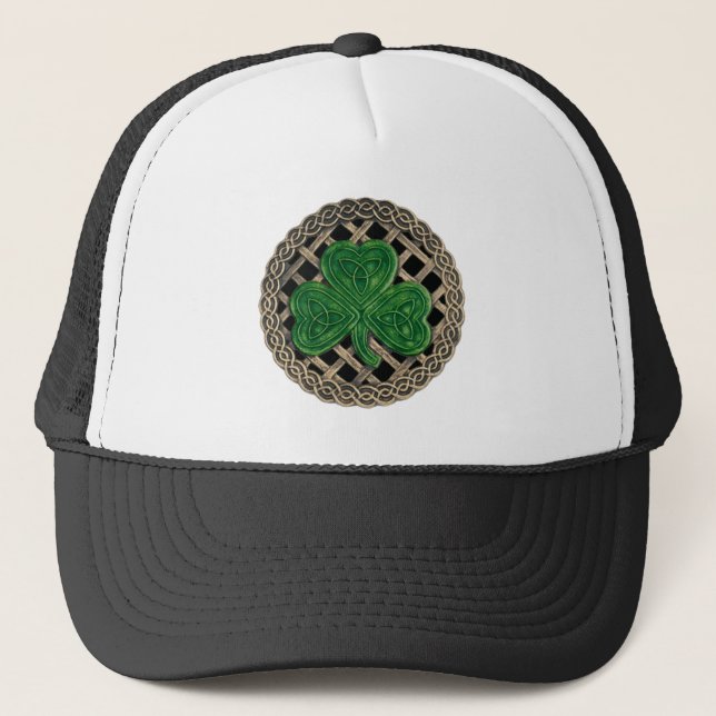 Shamrock, Lattice And Celtic Knots On Black Hat (Front)