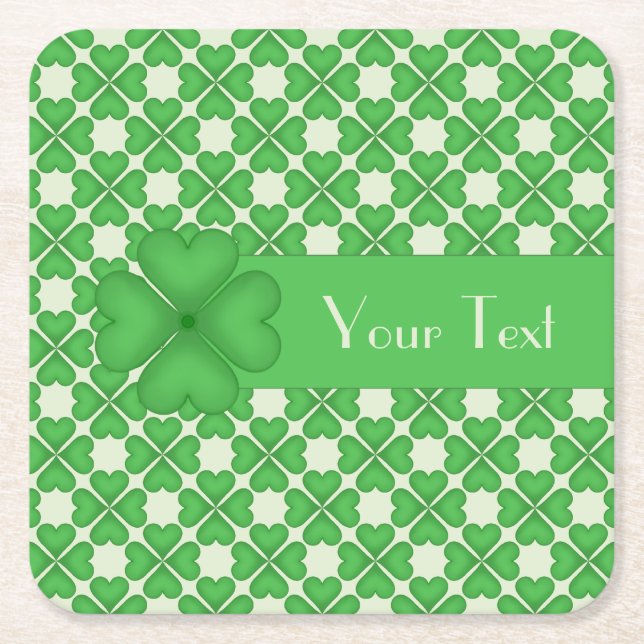 Shamrock leaf Clover Hearts pattern Customizable Square Paper Coaster (Front)