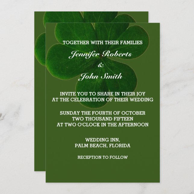Shamrock Leaf Forest Green Colourful Trendy Weddin Invitation (Front/Back)