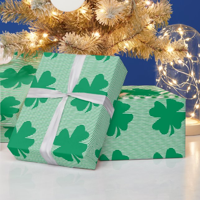 Shamrock Leaf Green Stripes St Patrick's Day 2024 Wrapping Paper (Holidays)