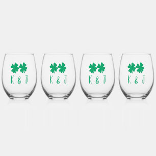 Shamrock Leaf Monogram St Patrick's Day Gift Set Stemless Wine Glass