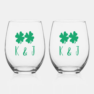 Shamrock Leaf Monogram St Patrick's Day Gift Stemless Wine Glass