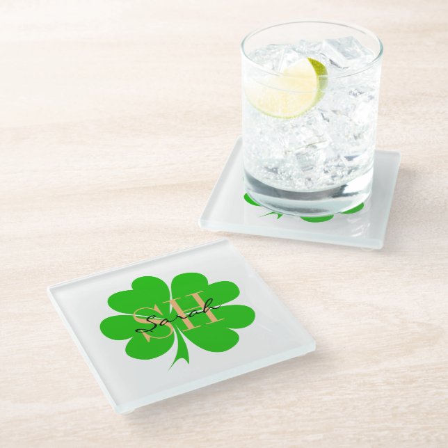 Shamrock & Lucky Clover leaf monogrammed / Irish Glass Coaster (Angled)