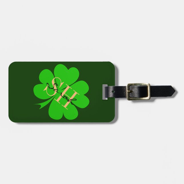 Shamrock & Lucky Clover leaf monogrammed / Irish Luggage Tag (Front Horizontal)