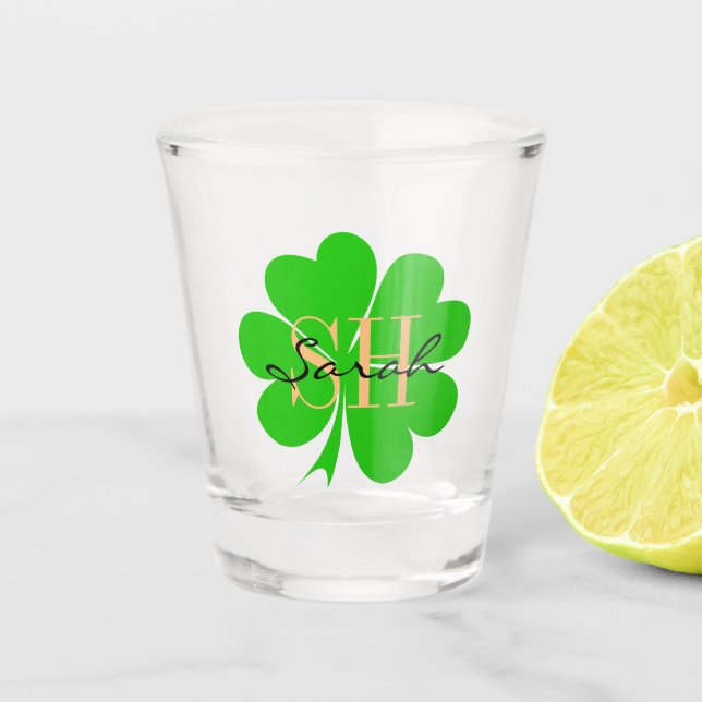 Shamrock & Lucky Clover leaf monogrammed / Irish  Shot Glass (Front)