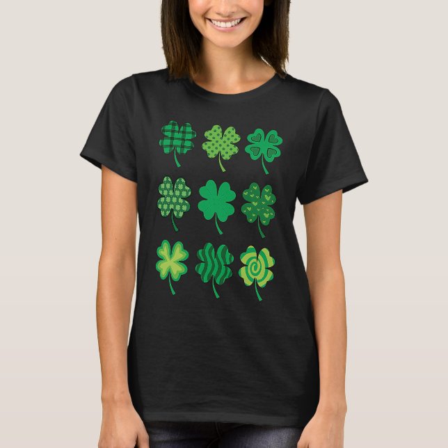 Shamrock Pattern St Patricks Day Cute Plaid Four L T-Shirt (Front)