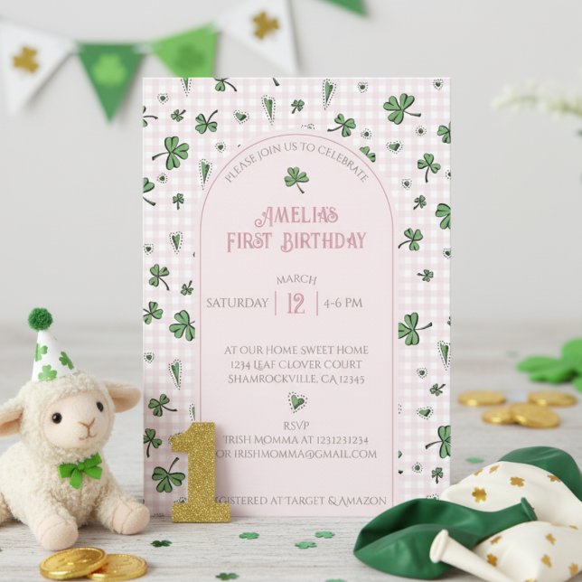 Shamrock rose Premier anniversaire Invitation phot (Cute Pink Shamrock 1st Birthday Invitation for Irish Kids Birthday Party. Lucky Green Clover, Hearts)