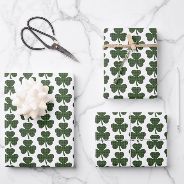 Shamrock Shape Plaid Dark Green Wrapping Paper Sheet (Front)