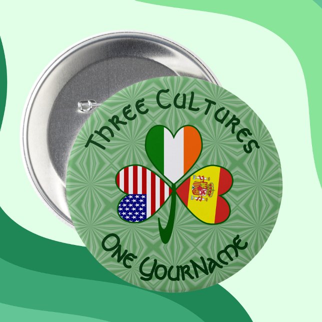 Shamrock Spain Ireland USA Flags 3 Inch Round Button (Creator Uploaded)