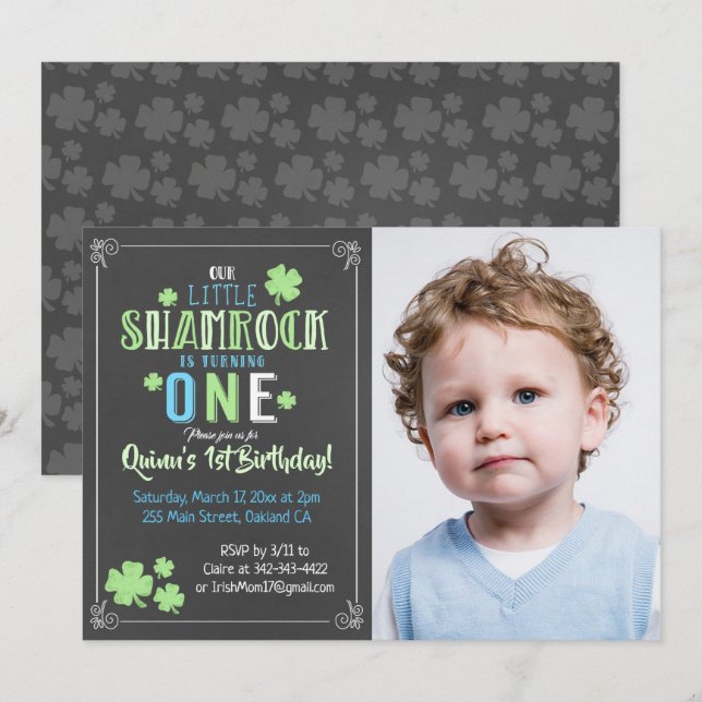 Shamrock St. Patrick's Day 1st Boy Birthday Invite (Front/Back)