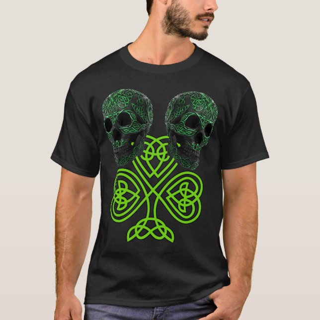 Shamrock St Patricks Day Irish Celtic Knot Skulls T-Shirt (Front)