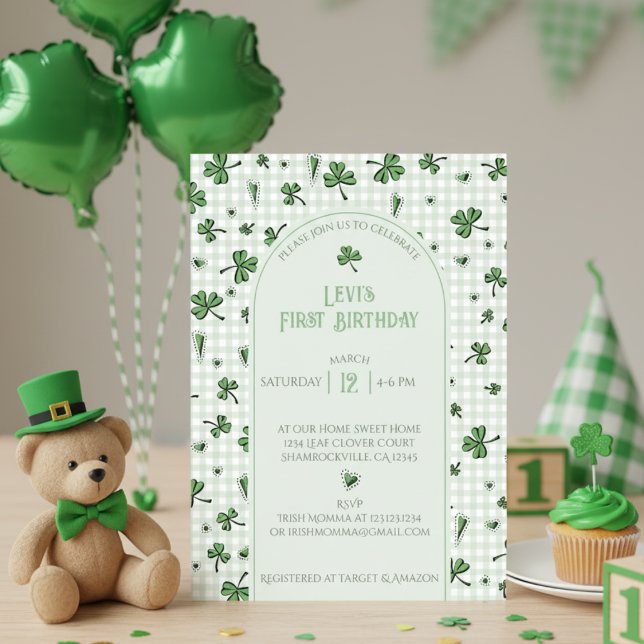 Shamrock Vert - Invitation photo (Cute Shamrock 1st Birthday Invitation for Irish Kids Birthday Party. Lucky Green Clovers & Hearts)