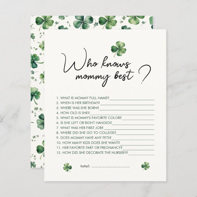 Shamrock Who Knows Mommy Best Baby Shower Game (Front/Back)