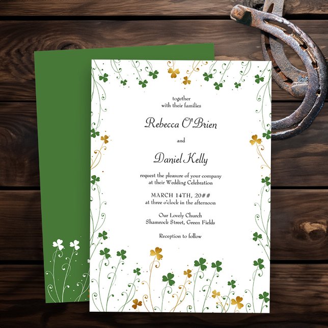Shamrock Wildflower Green Gold Elegant Wedding Invitation (Wedding Invitation from my Shamrock Wildflower wedding collection - printed or printable download)